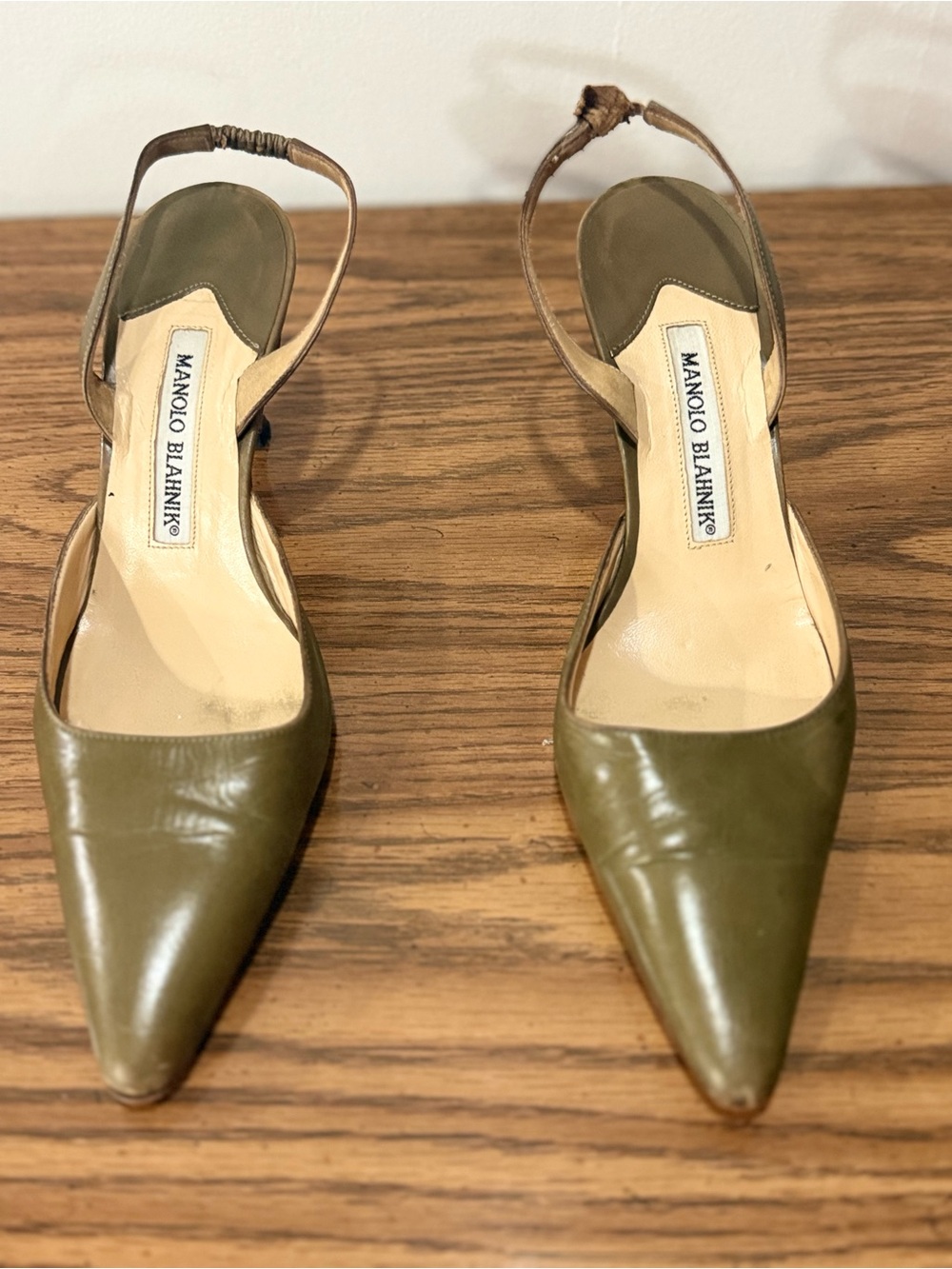 Manolo Blahnik Olive Slingback Pointed-Toe Pumps